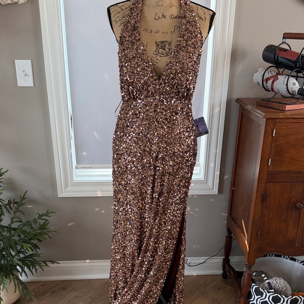Morgan & Co. Glittering Copper Halter Dress